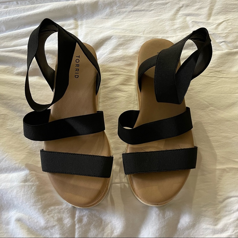 Black/Tan/White Platform Espadrille Sandals with Elastic Straps
